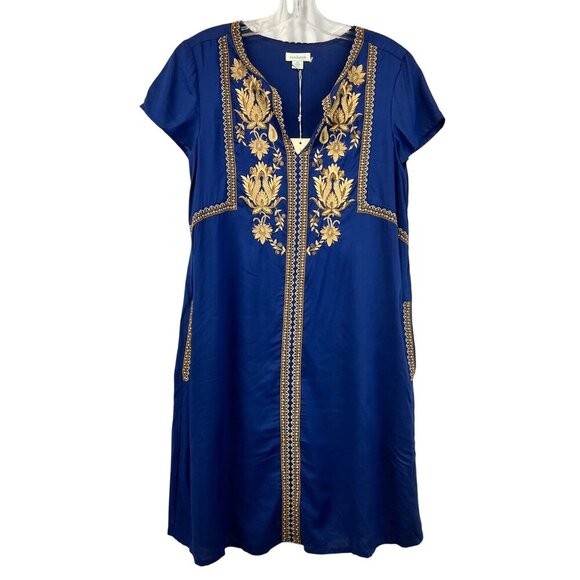Sundance Dresses & Skirts - Sundance Women’s Embroidered Shift Dress Short Sleeve Blue/Gold XS New Pockets